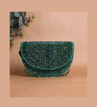 dark green beaded handbag#color_dark green