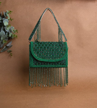 dark green handbag with pearls and tassels#color_dark-green