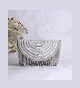 tassels embellished grey clutch#color_grey