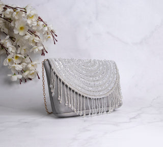 tassels embellished grey clutch#color_grey