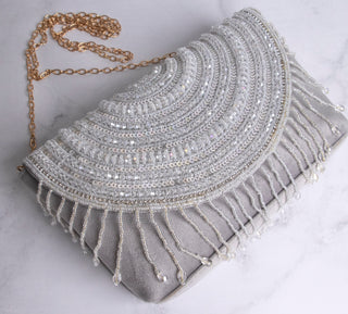 tassels embellished grey clutch#color_grey