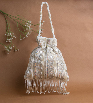 white beads and mirror embroidered potli bag for women#color_white