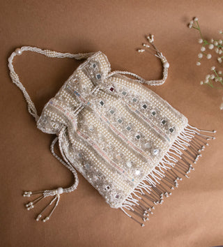 white beads and mirror embroidered potli bag for women#color_white