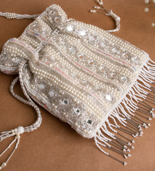 white beads and mirror embroidered potli bag for women#color_white