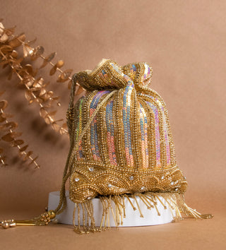 glamorous golden potli bag with tassels and pearls#color_gold