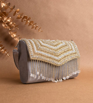 grey handbag with small gold beaded crystal#color_grey