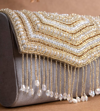 grey handbag with small gold beaded crystal#color_grey